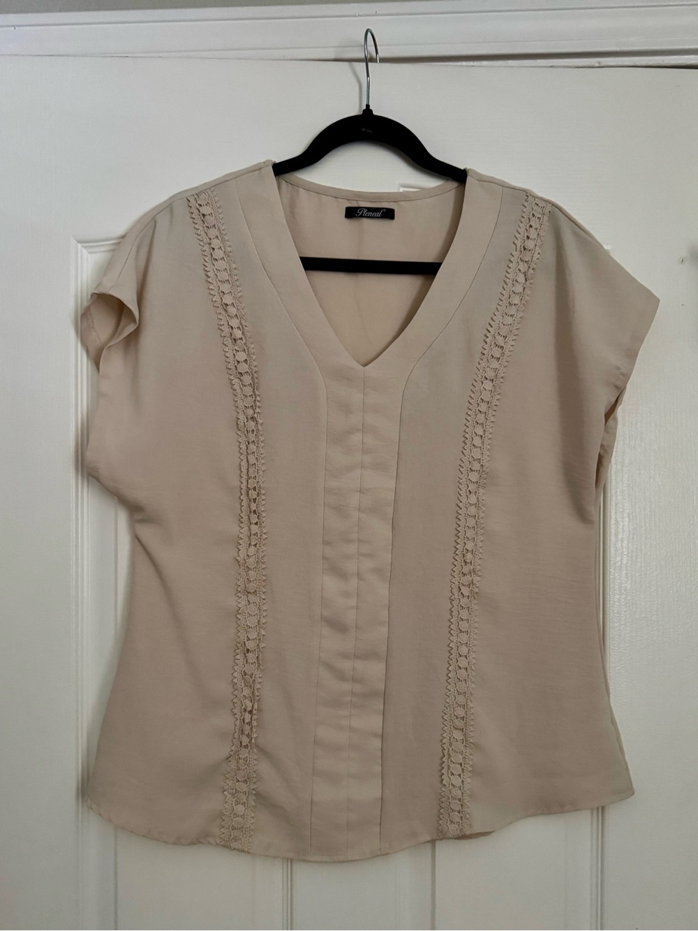 Pleneal Neutral Beige V-Neck Lace-Trim Blouse